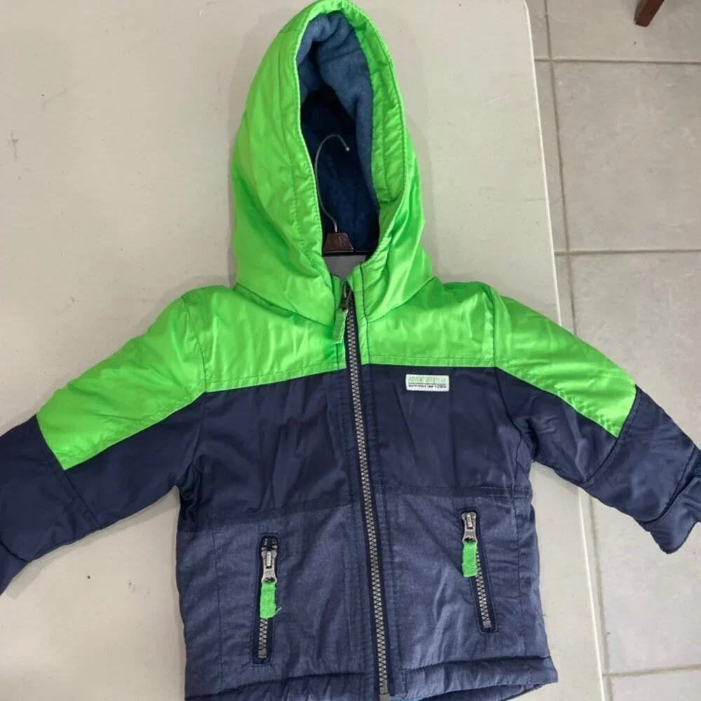 CARTERS HOODED PUFFER JACKET SZ 12 MONTHS BABY GREEN/NAVY BLUE COZY‎ WINTER CORE